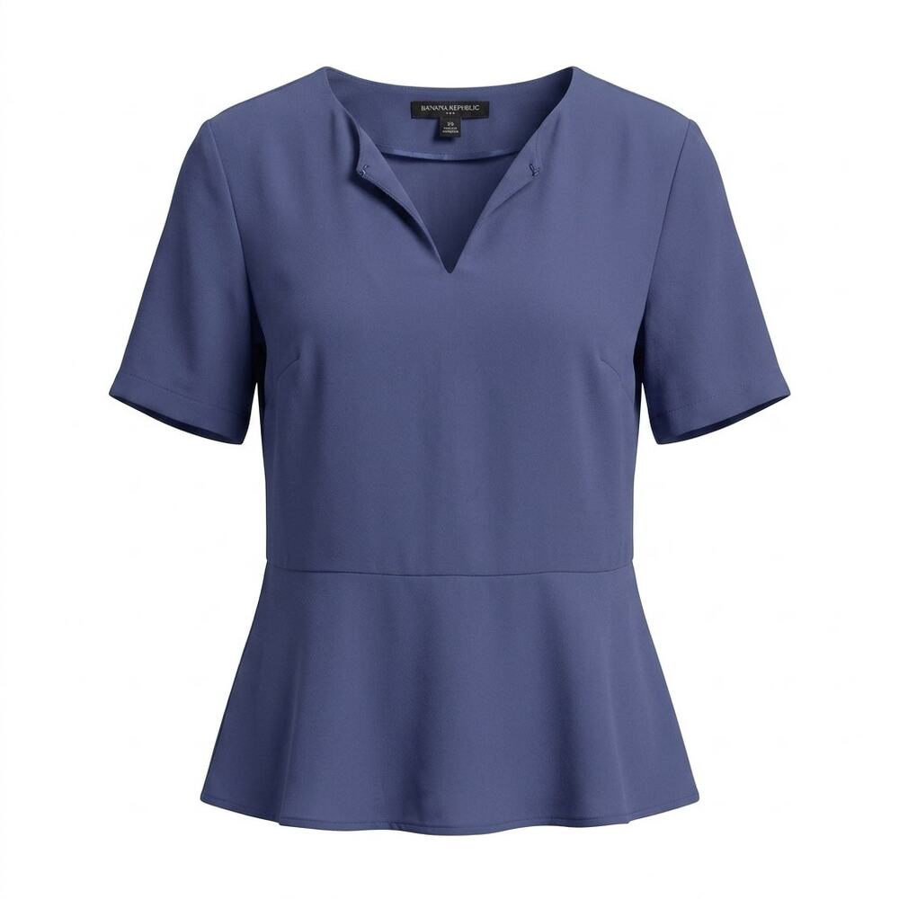 Banana Republic Blue Peplum Split Neck Short Sleeve Blouse Women Size XS
